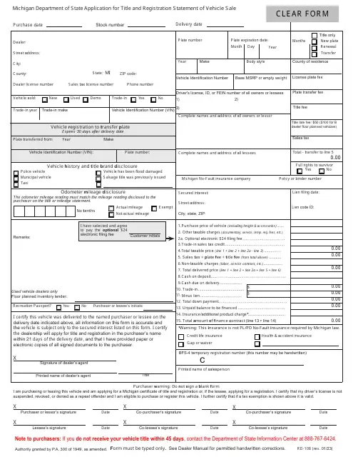 form RD-108 for Michigan, title, registration